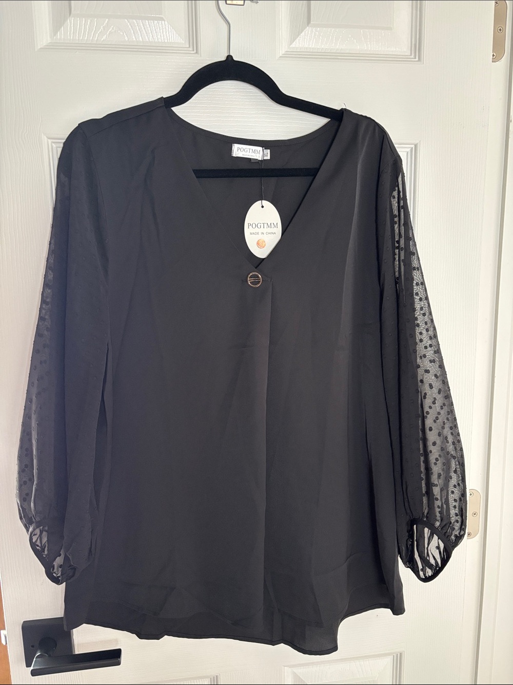 POGTMM Black V-Neck Blouse with Sheer Dotted Bishop Sleeves